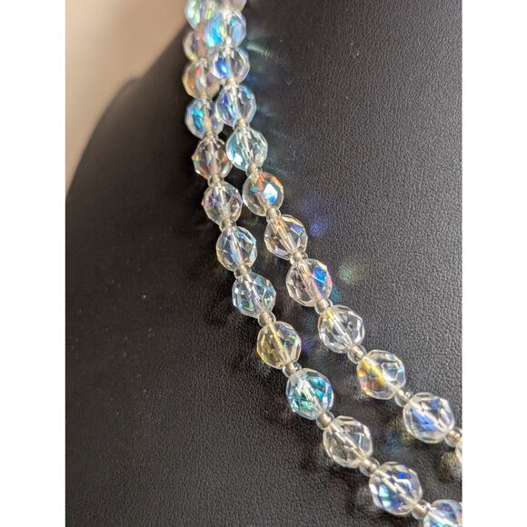Vintage Aurora Borealis Faceted Crystal Double Strand Box Clasp 20" Necklace - Picture 3 of 6